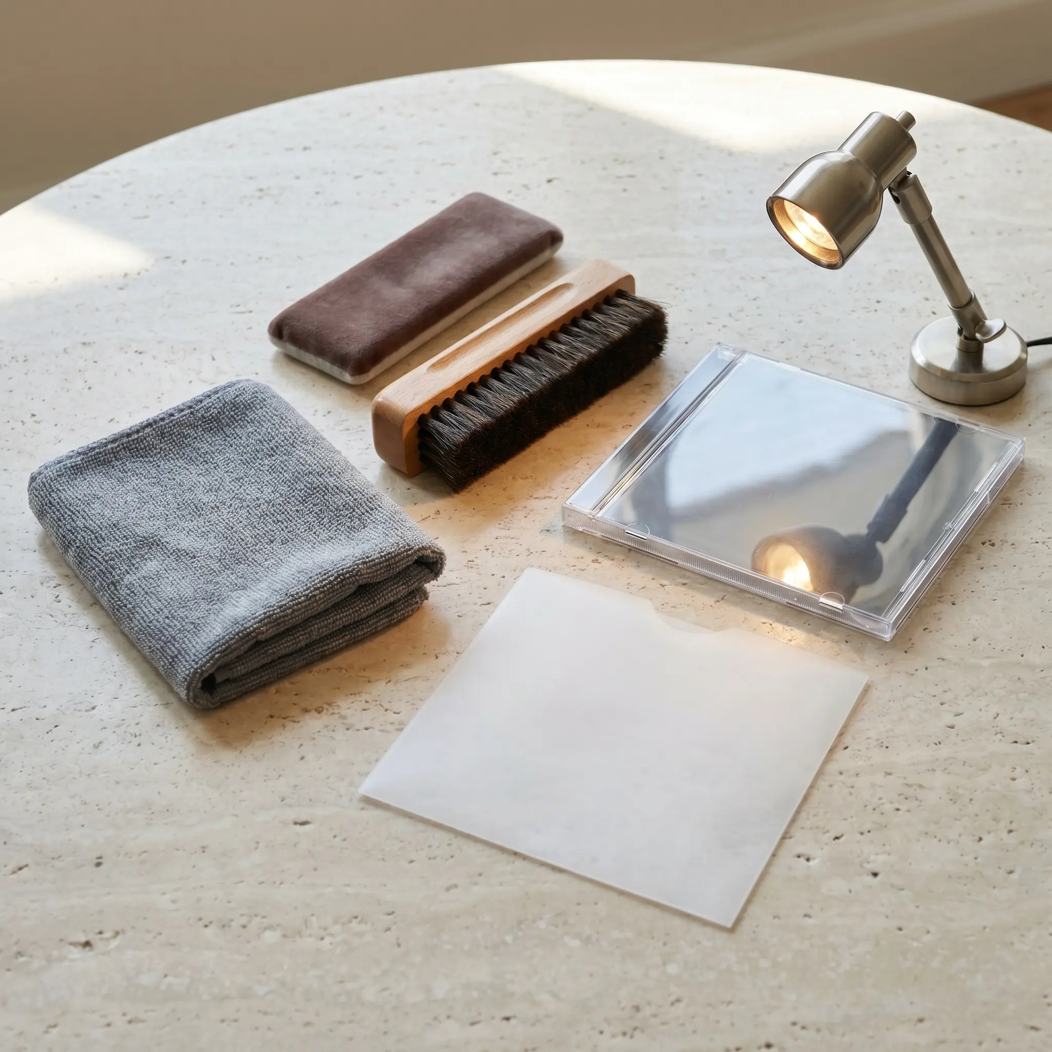 Physical media care kit with microfiber cloth, anti-static brush, sleeves, and inspection lamp