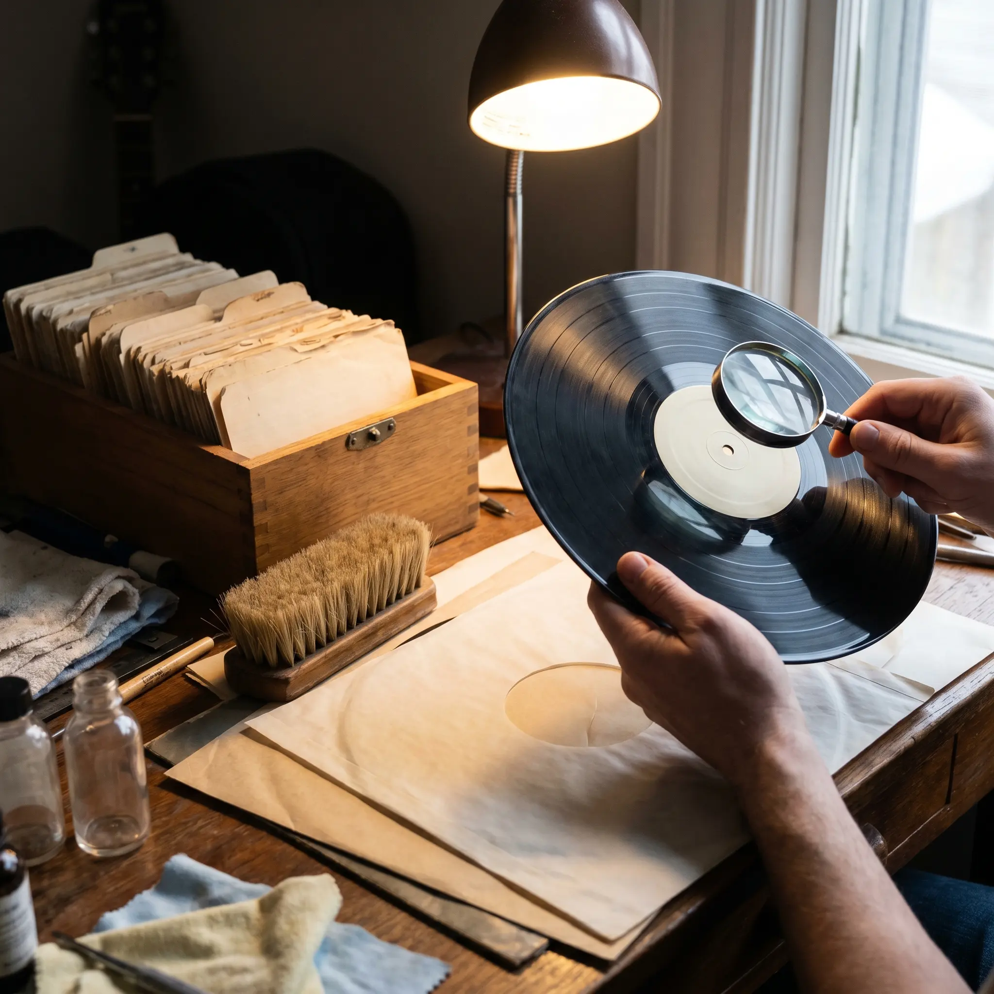 Record groove inspection with a lamp, anti-static brush, sleeves, and catalog cards