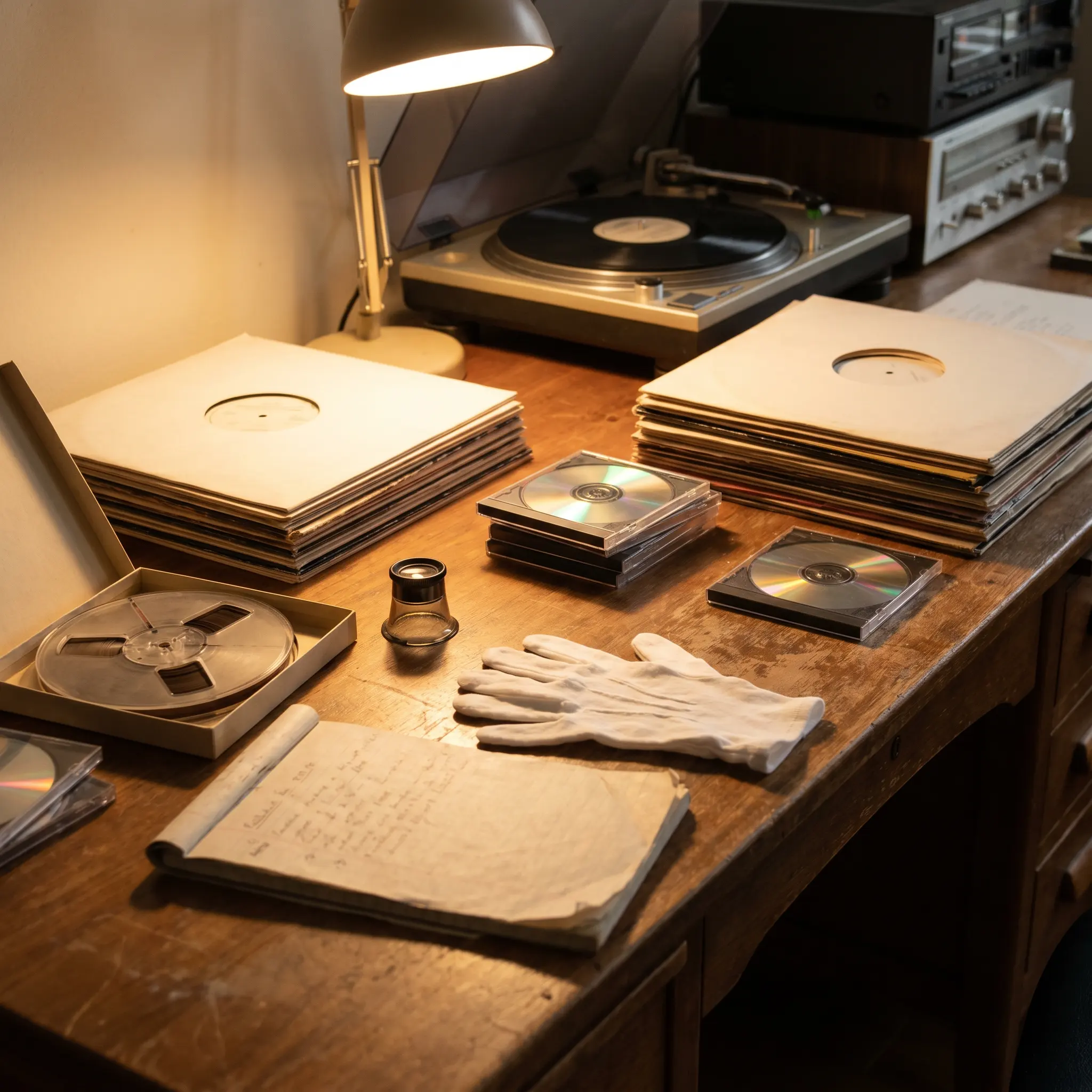Archival listening desk with records, discs, gloves, and mastering notes