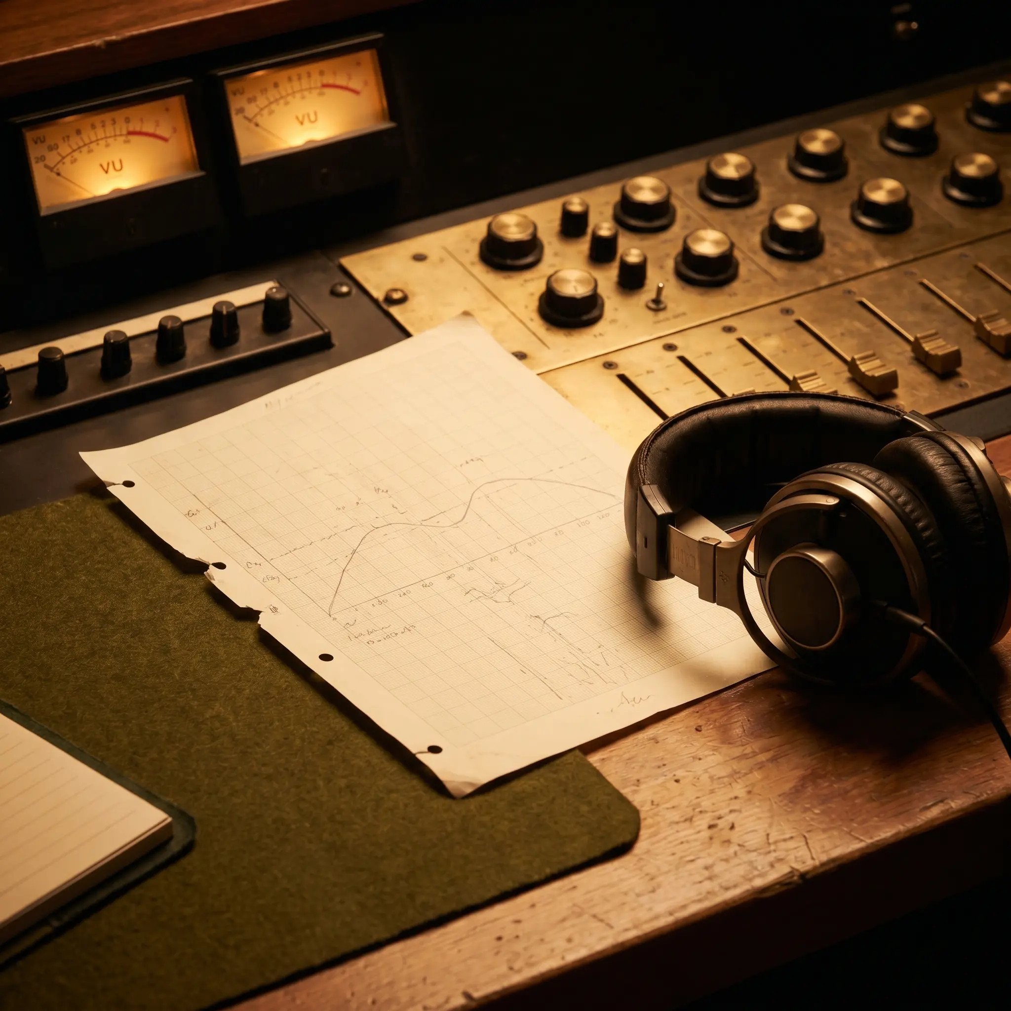 Mastering desk with meters, reference headphones, and annotated frequency notes